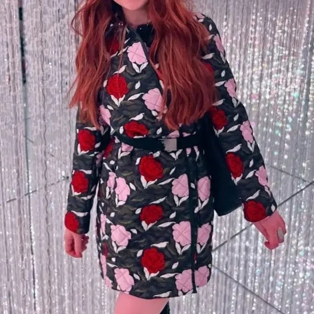 Kate Spade New York Sz XL Quilted Floral Rose Jacket Coat Black Pink Red